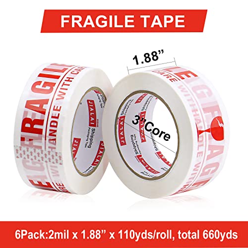 JIALAI HOME Fragile Tape Handle with Care Packing Tape 6 Rolls, Heavy Duty Shipping Box Sealing Tape with Dispenser, 2 Inch x 330 Feet (110 Yards) for Shipping and Moving Boxes