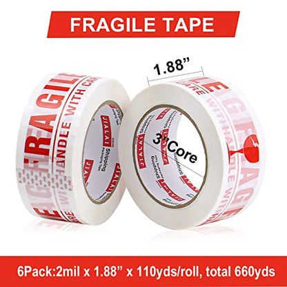 JIALAI HOME Fragile Tape Handle with Care Packing Tape 6 Rolls, Heavy Duty Shipping Box Sealing Tape with Dispenser, 2 Inch x 330 Feet (110 Yards) for Shipping and Moving Boxes
