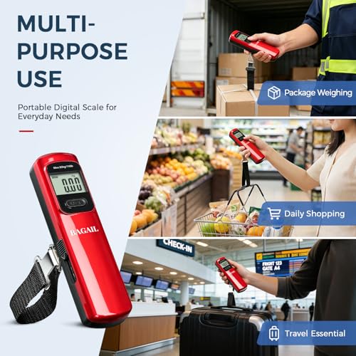 BAGAIL Digital Luggage Scale, 110lbs Hanging Baggage Scale with Backlit LCD Display, Portable Suitcase Weighing Scale, Travel Luggage Weight Scale with Hook, Strong Straps for Travelers - color: Dark Red Battery Free