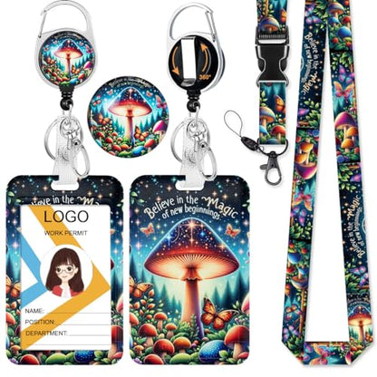 Magical Mushroom ID Badge Holder with Lanyard and Retractable Badge Reel - color: Magical Mushroom