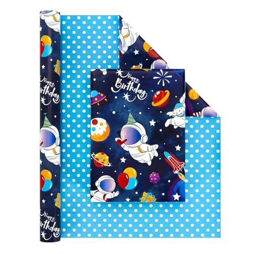 WERNNSAI Space Wrapping Paper Roll 33ft Navy Blue Astronaut Wrapping Paper - color: Blue Space