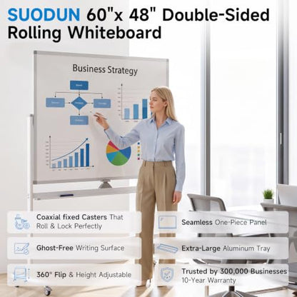 Mobile Rolling Whiteboard on Wheels 60"x 48" Double-Sided Magnetic - color: White, size: 60X48
