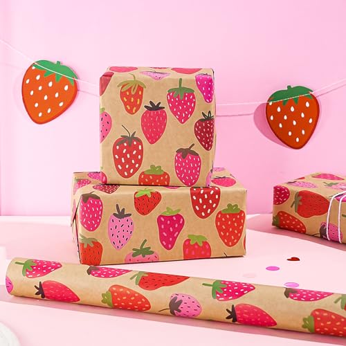 WRAPAHOLIC Kraft Strawberry Wrapping Paper Roll - Mini Roll - 17 Inch x 16.5 Feet - Sweet Strawberry Fruits Wrapping Paper for Summer, Birthday, Wedding, Bridal Shower - color: Kraft - Strawberry, size: 17 inch x 16.5 feet