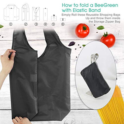 BeeGreen 10 Pack Black Reusable Grocery Bags with Storage Pouch Reusable Shopping Bags Bulk with Elastic Band 50LBS X-Large-Foldable-Washable-Heavy Duty-Waterproof Grocery Tote Bags - color: Solid Black