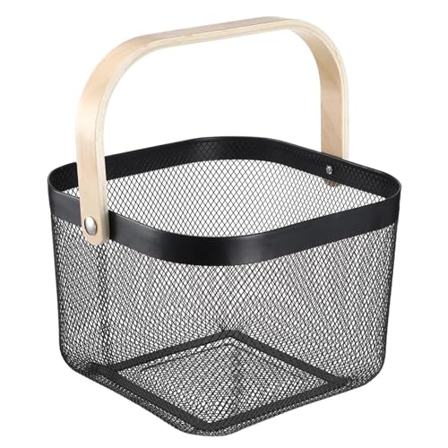 AJIODA Metal Mesh Wire Basket, Large Steel Basket with Wooden Handle Storage Organizer Basket Multi-functional Hanging Kitchen Baskets Fruit Baskets for Kitchen Bathroom Cabinet Pantry Snacks, Black - color: Black, size: Large