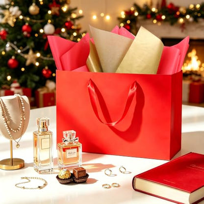 Epoesch 4 Pack Medium Red Gift Bags with Handles and 12 Tissue Papers - color: Red Gift Bags