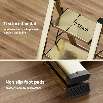 SOLADDER 3 Step Ladder, Folding Step Stool, Brown Gold - color: Brown Gold, size: 3 Step
