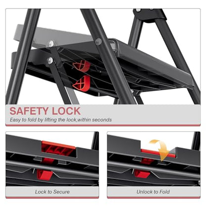 TOOLF 2 Step Ladder, Folding Steel Step Ladder with Handrail, Black - size: 2 Step Ladder
