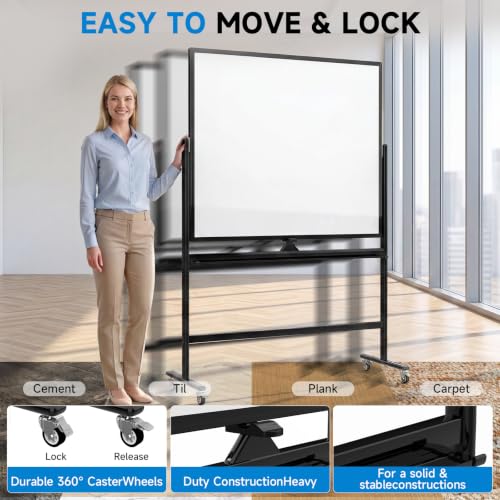 Mobile Rolling Whiteboard on Wheels 60"x 48" Double-Sided Magnetic - color: Black, size: 60X48