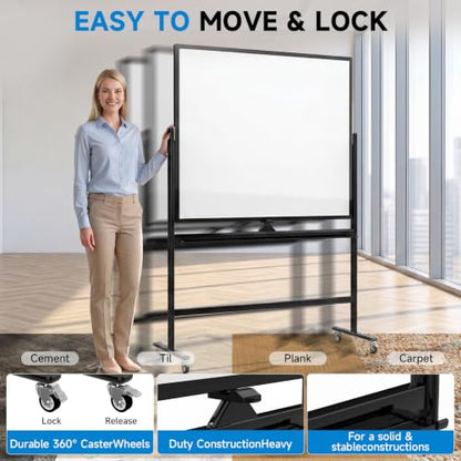 Mobile Rolling Whiteboard on Wheels 60"x 48" Double-Sided Magnetic - color: Black, size: 60X48