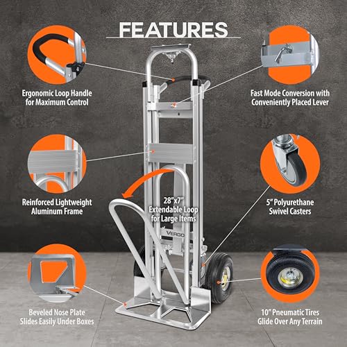 Vergo Industrial Convertible Hand Truck - AS7A2 Heavy Duty Aluminum 3 in 1 Dolly (750 lb Capacity) Lightweight Frame, Ergonomic Handle, Extendable Loop, Versatile Moving Dolly (3 Positions, 53" High) - size: 3 Positions, 53" High