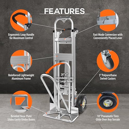 Vergo Industrial Convertible Hand Truck - AS7A2 Heavy Duty Aluminum 3 in 1 Dolly (750 lb Capacity) Lightweight Frame, Ergonomic Handle, Extendable Loop, Versatile Moving Dolly (3 Positions, 53" High) - size: 3 Positions, 53" High