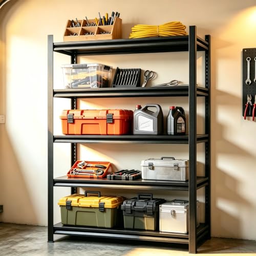 5 Tier Garage Shelving, Heavy Duty Storage Shelf, Adjustable Metal Storage Rack for Garage, Warehouse, Workshop, Black (63" H x 28" W x 14" D) - size: 5-Tier (63"Hx28"Wx14"D)