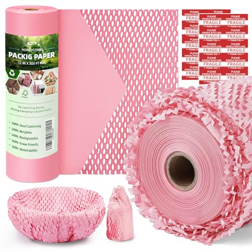 Pink Honeycomb Packing Paper, 12" x 200 ft, Gift Wrap Cushioning - color: Pink, size: 12 Inch x 200 Feet