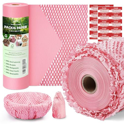 Pink Honeycomb Packing Paper, 12" x 200 ft, Gift Wrap Cushioning - color: Pink, size: 12 Inch x 200 Feet