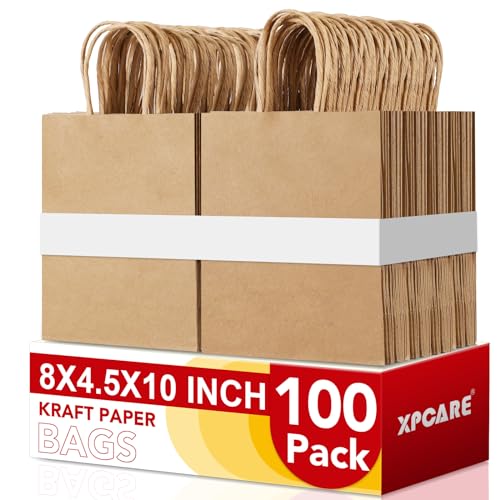 XPCARE Brown Paper Bags with Handles, 100Pcs 8x4.5x10In Kraft Paper Bag - color: Brown