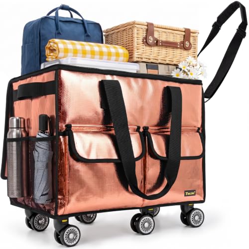 BALEINE Reusable Grocery Bag on Wheels, Foldable Rolling Tote Bag - color: Rose Gold- Wide, size: Large