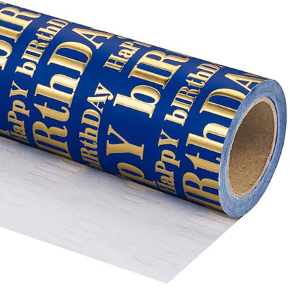 WRAPAHOLIC 3D Kraft Birthday Wrapping Paper Roll - Mini Roll - 17 Inch x 16.5 Feet - Gold and Navy Happy Birthday Lettering Design with Embossed Perfect for Holiday, Party Celebration - color: Navy & Gold Happy Birthday, size: 17 inch x 16.5 feet