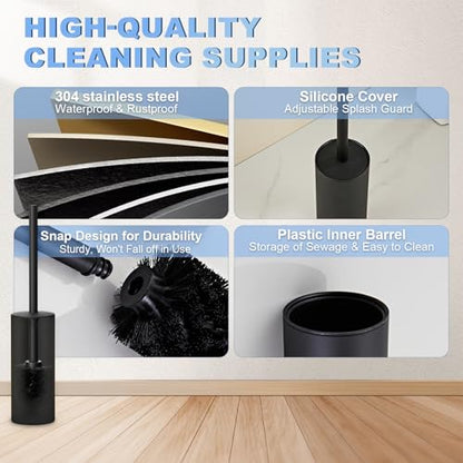 Toilet Brush and Holder Set, NEWRAIN 304 Stainless Steel Toilet Brush with Long Brush Handle, Matte Black Toilet Scrubber and Covered Holder, Round Design Sturdy and Space Saving, Covered Brush - color: Matte Black