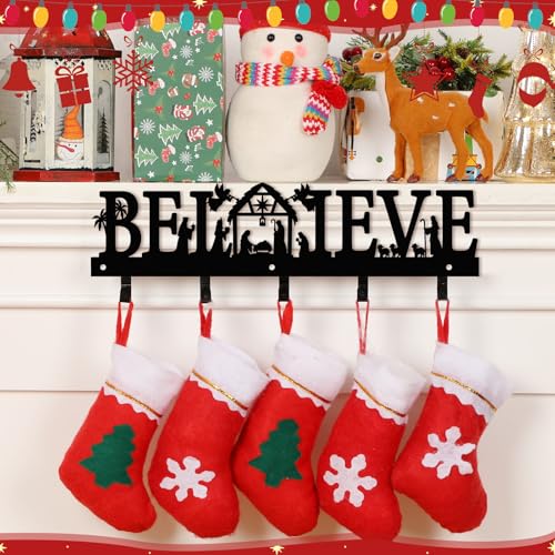 Cinnvoice Nativity Christmas Stocking Holder for Wall, 5 Hangers, Believe - style: Believe