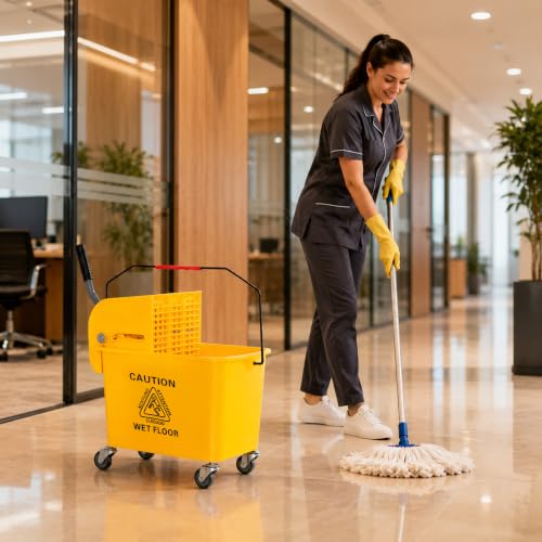 HOMCOM Commercial Mop Bucket Side Press Wringer Wheels 21 Quart Yellow - color: Yellow, size: 21 Quart