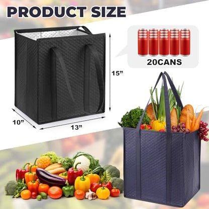 Teenyyou 3 Pcs XL-large Cooler Insulated Reusable Grocery Bags with Zippered Top & Handle—Foldable, Thermal, Cooler Tote Shopping Bags(Navy Blue,Black) - color: Navy Blue,Black