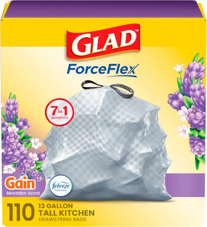 Glad ForceFlex Tall Kitchen Trash Bags, 13 Gal, Gain Lavender with Febreze, 110 Ct (Pack May Vary) - size: 110 Count (Pack of 1)