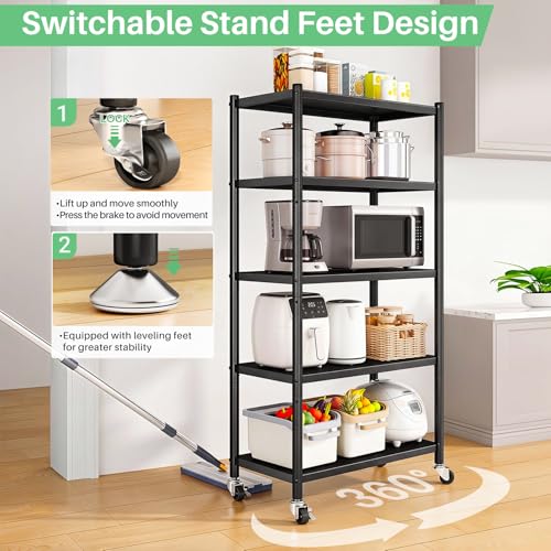 5 Tier Adjustable Storage Shelves, Heavy Duty Metal Storage Rack with Wheels, Shelving Units Utility Shelf for Kitchen, Pantry, Bathroom, Garage, Office Organization and Storage, Black, 13"x24"x59.7" - size: 24"L x 13"W x 59.65"H