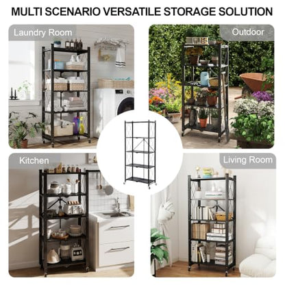 5 Tier Folding Shelf with Wheels,Metal Steel Collapsible Shelves - color: Black, size: 5 Tier