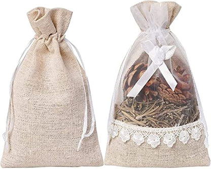 KUPOO 20 Rose Burlap Drawstring Bags Lace Jute Pouches for Weddings,Parties - size: 20 Count (5 x 7 Inch)