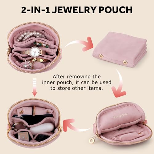 Velvet Travel Jewelry Pouch, 2-in-1 Case with Detachable Insert - color: Dusty Pink
