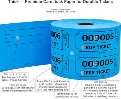 Tacticai 500 Jumbo Raffle Tickets, Big Number, 50/50 Double Roll, Blue