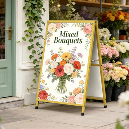 Golden A Frame Sign, Heavy Duty Slide-in A Frame Sign Holder, Double-Side 24x 36 Inch Sandwich Board for Office, Wedding, Business, Party Poster, Frame only