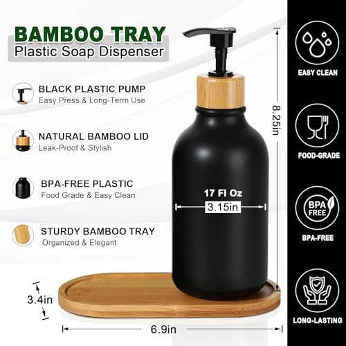 KASUNTING Hand and Dish Soap Dispenser Set, Plastic Kitchen Soap Dispenser Set with Bamboo Tray, 17 Fl Oz Black Soap and Lotion Dispensers Sets with 4 Pack Labels for Kitchen & Bathroom Countertop - color: Black, size: 2 Bottles with Bamboo Tray