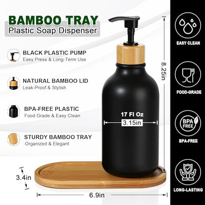 KASUNTING Hand and Dish Soap Dispenser Set, Plastic Kitchen Soap Dispenser Set with Bamboo Tray, 17 Fl Oz Black Soap and Lotion Dispensers Sets with 4 Pack Labels for Kitchen & Bathroom Countertop - color: Black, size: 2 Bottles with Bamboo Tray