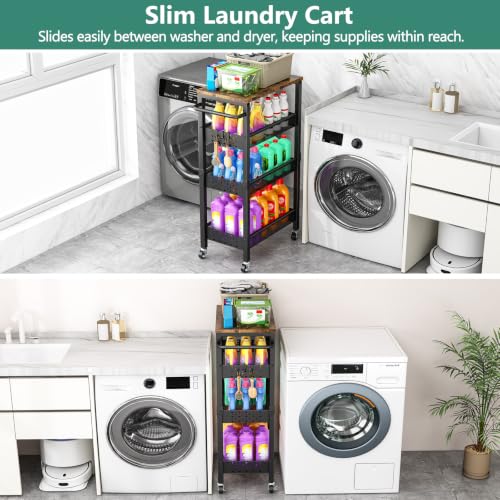Vivihomety 4-Tier Laundry Utility Rolling Cart with Wheels, Metal - color: Black, size: 8.1 inch wide