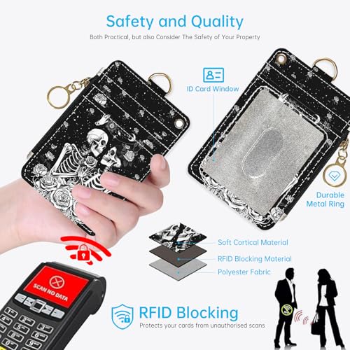 2-in-1 ID Badge Holder & Lanyard Wallet，Cute Zippered Pouch Skeleton Love - color: Skeleton Love