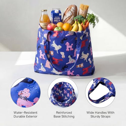 Stelle Lightweight Reusable Grocery Bag with Handles Ripstop Nylon Foldable Tote Shopping Bags for Travel and Groceries - color: Puppy Parade|blue