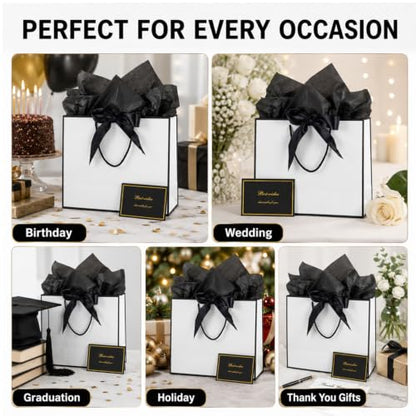 15 Pack White Gift Bags Set with Tissue Paper Ribbon Card for Wedding Party - color: White,Black