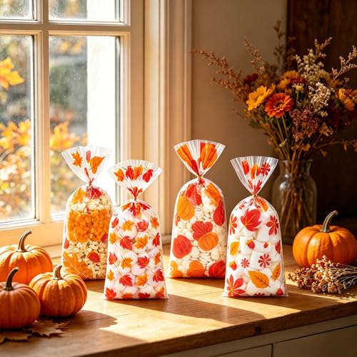 100Pcs Fall Thanksgiving Cellophane Treat Bags - 5 x 11 Inch Clear Fall Goodie Bags with Gold Ties for Cookies, Snacks, Party Favors & Gift Packaging, 2.8 Mil Thick Plastic Autumn Candy Bag for Kids - color: Fall 100pcs