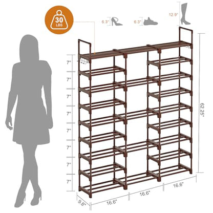 WOWLIVE 9 Tier 3-Column Shoe Rack, 50-55 Pairs Stackable Brown - color: Brown, size: 3 Row 9 Tier