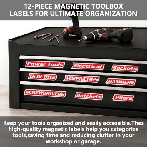 12 Pack of Magnetic Toolbox Labels,Magnetic Tool Box Organization Label Strong Magnets-Reusable Organizer Labels for Steel Toolboxes,Carts,Drawers & Cabinets (Red)