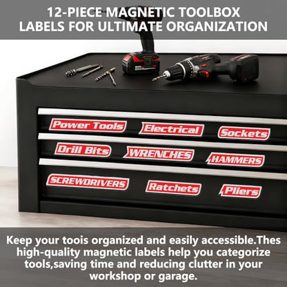 12 Pack of Magnetic Toolbox Labels,Magnetic Tool Box Organization Label Strong Magnets-Reusable Organizer Labels for Steel Toolboxes,Carts,Drawers & Cabinets (Red)