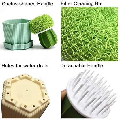 Cactus Mini Dish Brush Set with Drip Tray (3 Replacement Brushes), Durable Kitchen Cleaning Scrubbers for Plates, Pans, Pots, Sink (Green) - color: Green