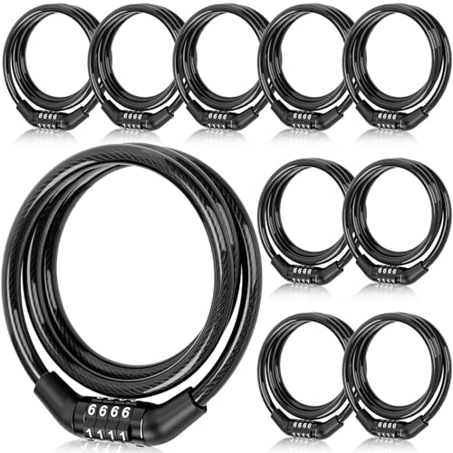 Hotop 10 Pcs 3 Feet Bike Lock Cable with Combination, Coiled Preset Bike Lock High Security 4 Digit Bicycle Locks Anti Theft Bikes Accessories Black Bicycle Cable Locks, 5/6 Inch Diameter - size: 3 Feet