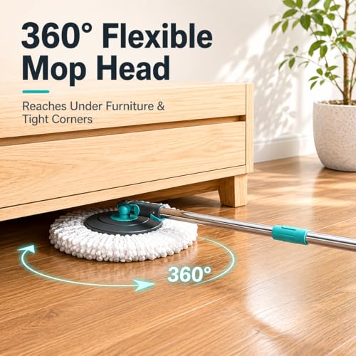 Lambert Home Spin Mop and Bucket Set with Wringer, Hands-Free Self-Wringing Floor Mop, 2 Washable Microfiber Mop Heads, 42.1-50 in Adjustable Stainless Steel Handle, Gray Blue