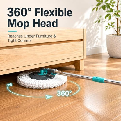 Lambert Home Spin Mop and Bucket Set with Wringer, Hands-Free Self-Wringing Floor Mop, 2 Washable Microfiber Mop Heads, 42.1-50 in Adjustable Stainless Steel Handle, Gray Blue