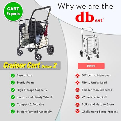 dbest Products Cruiser Cart Deluxe 2 Shopping Grocery Rolling Folding Laundry Basket on Wheels Foldable Utility Trolley Compact Lightweight Collapsible, Black - color: Black, style: Deluxe 2