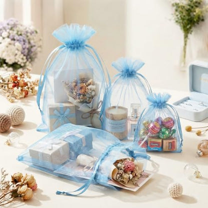 FUNFERY 100Pcs Baby Blue Organza Bags 5x7 in,Small Mesh Drawstring Gift Bag - color: Baby Blue