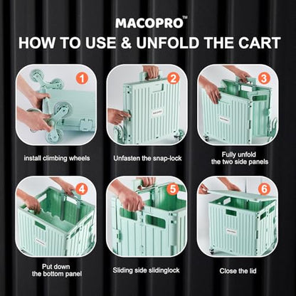 MACOPRO Foldable Utility Cart with Stair Climbing Wheels, Collapsible Rolling Crate with Telescoping Handle, Shopping Trolle Handcart Grocery Book File Tool Art Supplies Teacher Storage Basket(Green) - color: Green